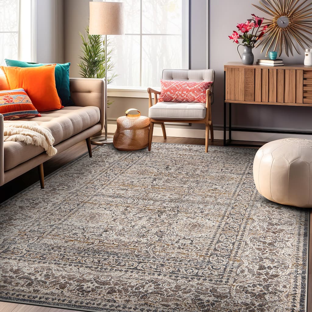 World Rug Gallery Vintage Border Stone Gray Indoor High-Low Area Rug