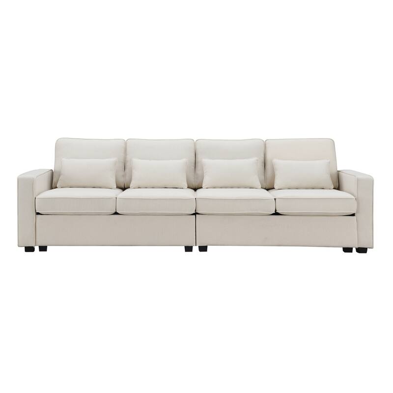 Modern 4 Seater Sofa with Sturdy Plastic Legs, Modern Linen Fabric Sofa with Armrest Pockets & 4 Pillows, Minimalist Style Couch