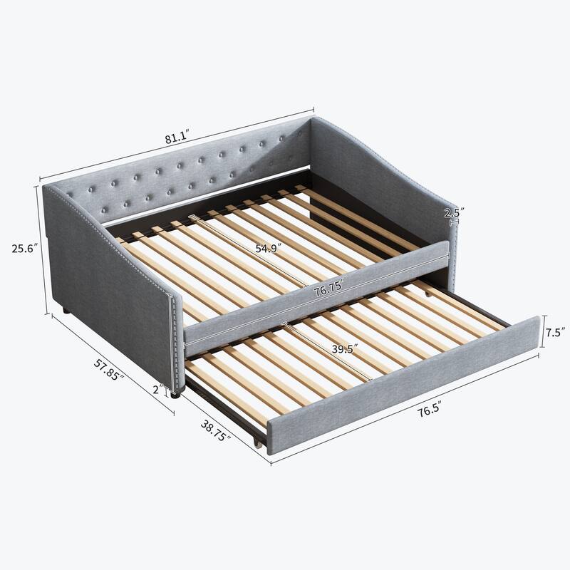 Linen Tufted Daybed with Trundle, Upholstered Platform Sofa Bed Frame, Wooden Slat Support
