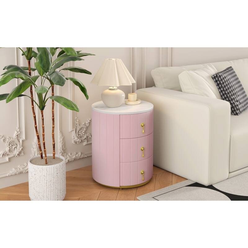Upholstered 3-Drawer Nightstand - Round Marbling Top Bedside Table (Fully Assembled Except Handles, Pink)