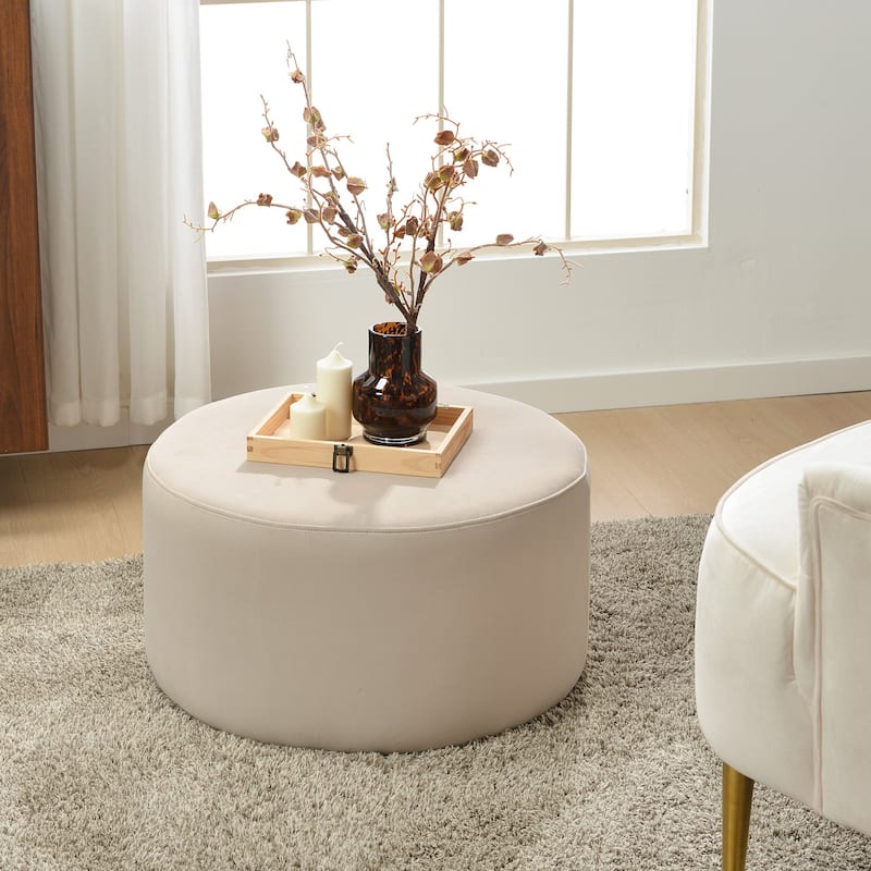 KINWELL Round Upholstered Pouf Ottoman Footrest - 24'x 24'x 13' - Velvet Griege 24"