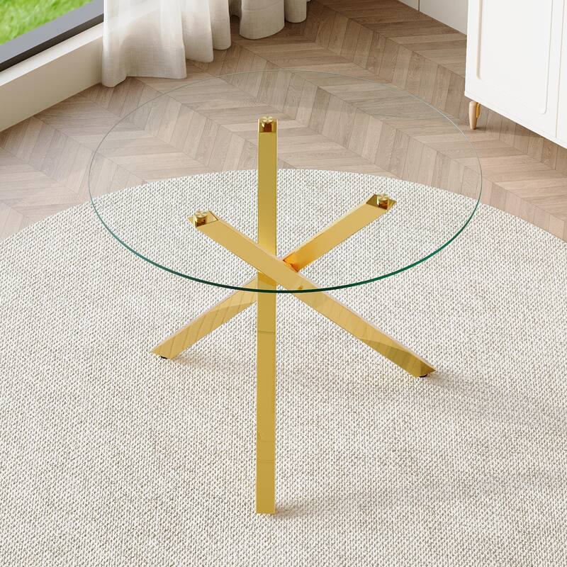 Modern X-Shaped Gold Metal Frame Round Dining Table, 39-inch Tempered Glass Top, Suitable for 2-4 Persons - Gold,Transparent