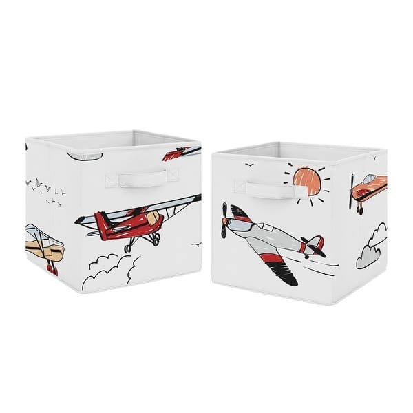 slide 2 of 4, Vintage Airplane Foldable Fabric Storage Bins - Grey Yellow Orange Red White and Blue Airplanes Air Plane Transportation Clouds