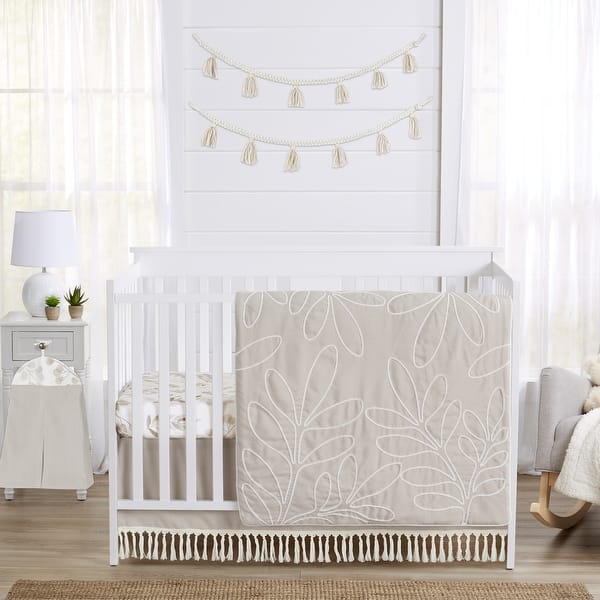 Boho Botanical Leaf Boy Girl 4pc Nursery Crib Bedding Set Ivory Beige