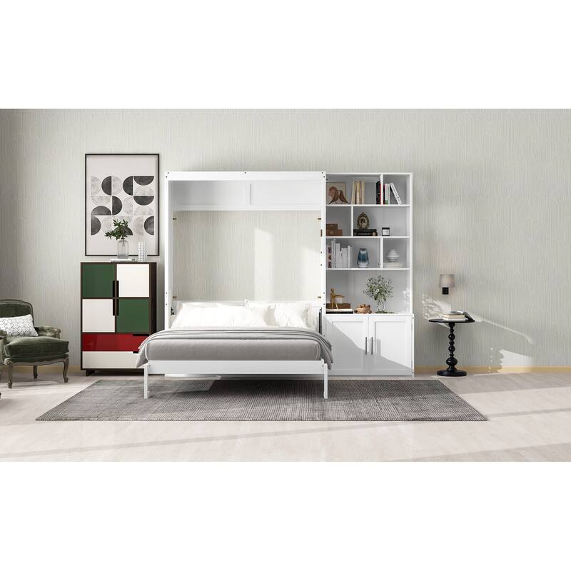 Space-Saving Full Size Murphy Bed with Storage Shelves and Cabinet, White