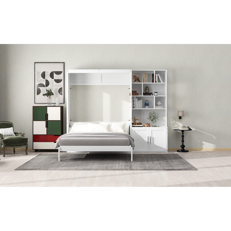 White Full Size Murphy Bed with Storage Shelves and Cabinet