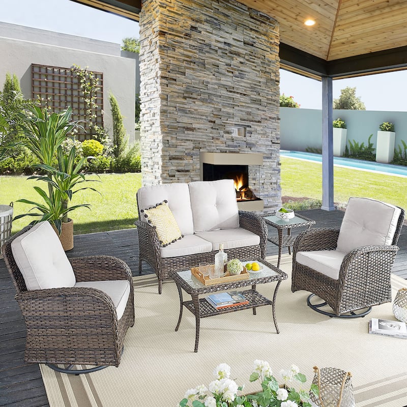 Pocassy Outdoor Sofa Swivel Glider Chair with Table - Brown - Beige