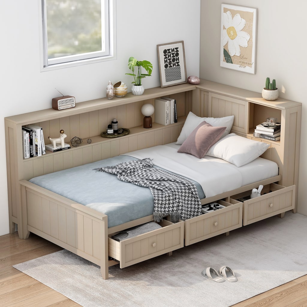Full/Twin Size Wood Daybed with Storage Shelves and 3 Drawers