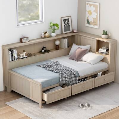 Roomfitters Twin/Full Wood Daybed with Storage Shelves and Multi-Use Underbed Compartments, Cream