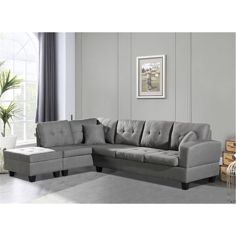 Fabric Sofa Set with Storage Ottoman and Cup Holder (Left Chaise) - Grey