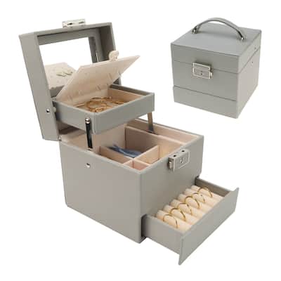 3 Layer Jewelry Box with Mirror for Women Birthday Gifts, PU Leather Jewelry Organizer Case Storage Display Holder with Drawer