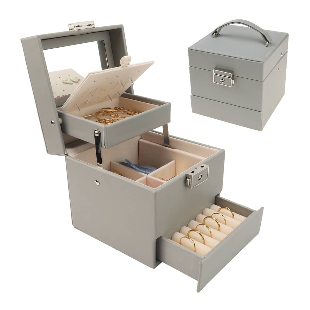 3 Layer Jewelry Box with Mirror for Women Birthday Gifts, PU Leather Jewelry Organizer Case Storage Display Holder with Drawer