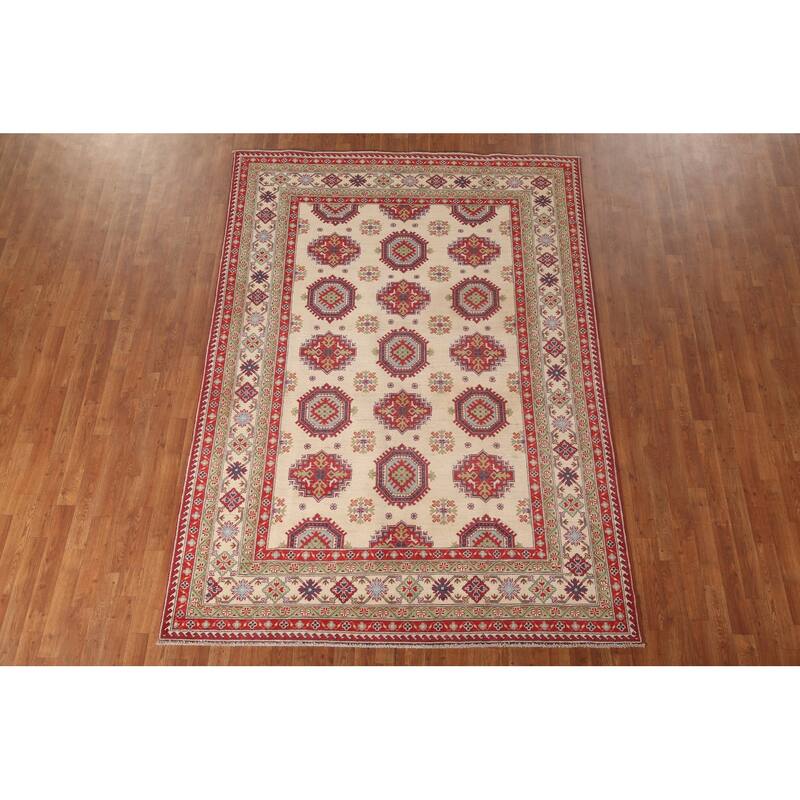 Beige Kazak Area Rug Hand-Knotted Geometric Wool Carpet - 6'6" x 9'2"