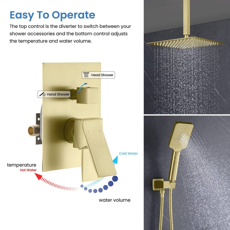 Pressure Balanced Ceiling Mounted 3-Function Shower System with Rough In Valve