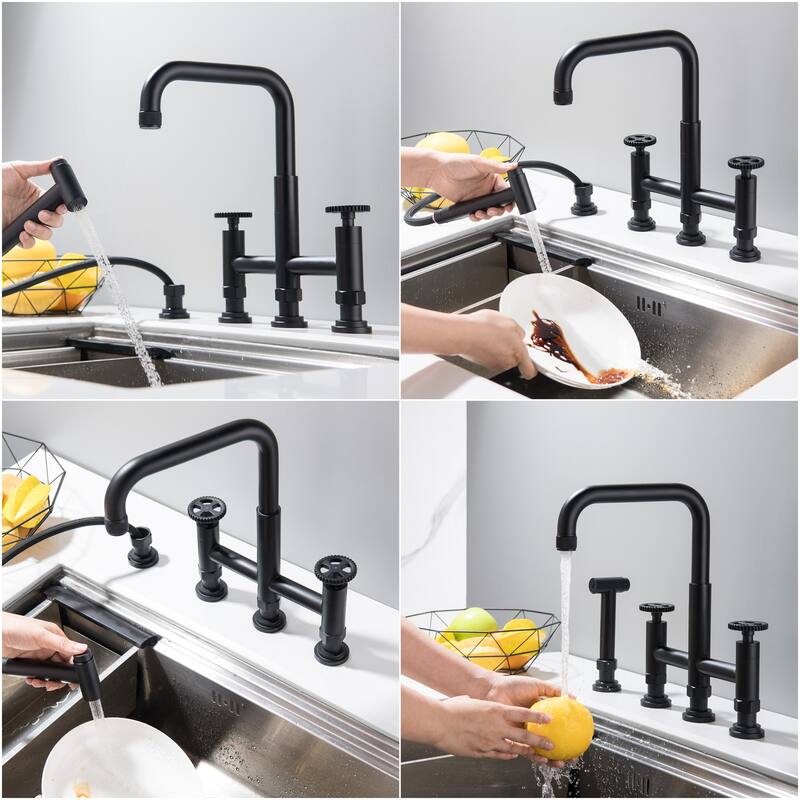 Bridge Double Handles Kitchen Faucet With Side Spray