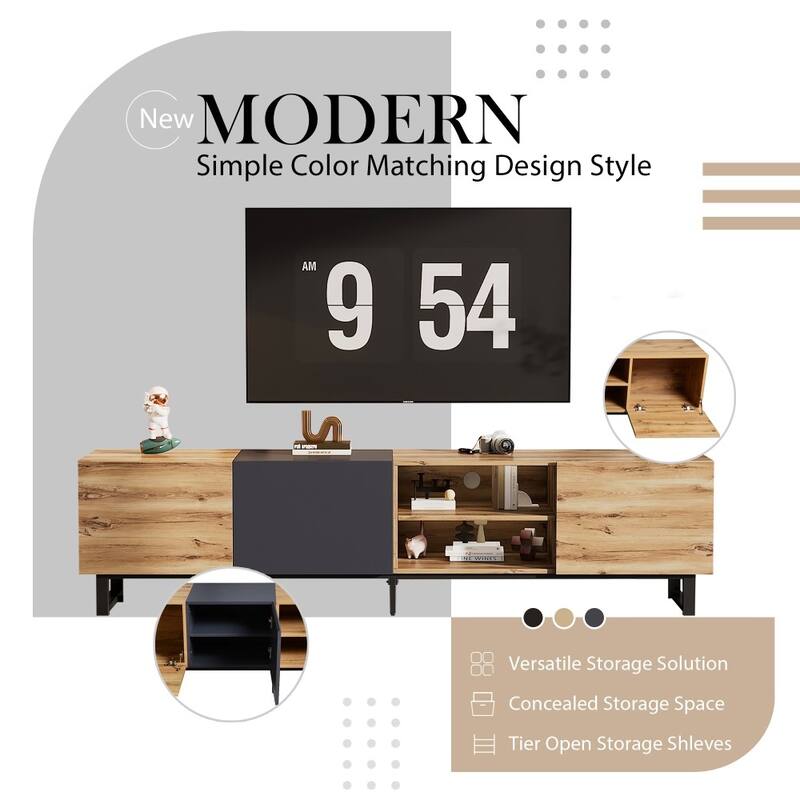 Media Console Table with 3 Cabinets& Open Shelves
