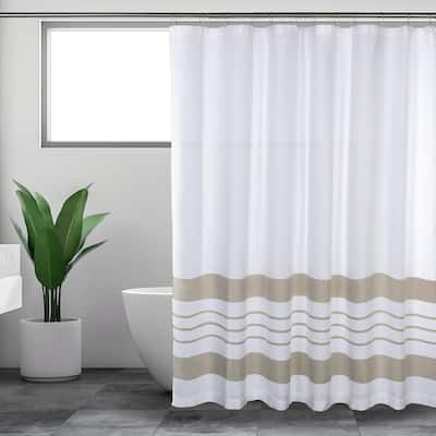 White and Tan Striped Woven Shower Curtain for Bathroom, 72x72 in