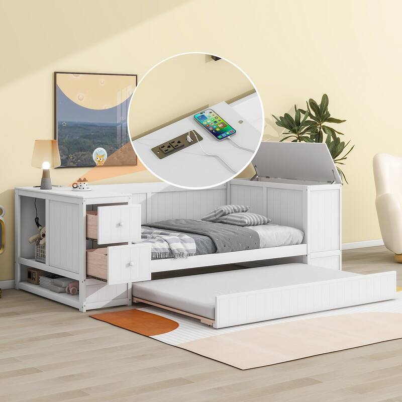 Twin Daybed with Trundle, Storage Drawers, and Built-in Charging Station
