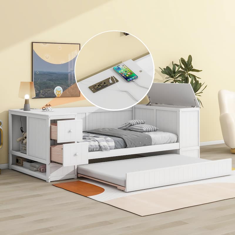 Wooden Bed Frame Low-Profile Daybed with Storage Arms and Charging Station, Trundle Bed with Wood Slat for Bedroom/Apartment