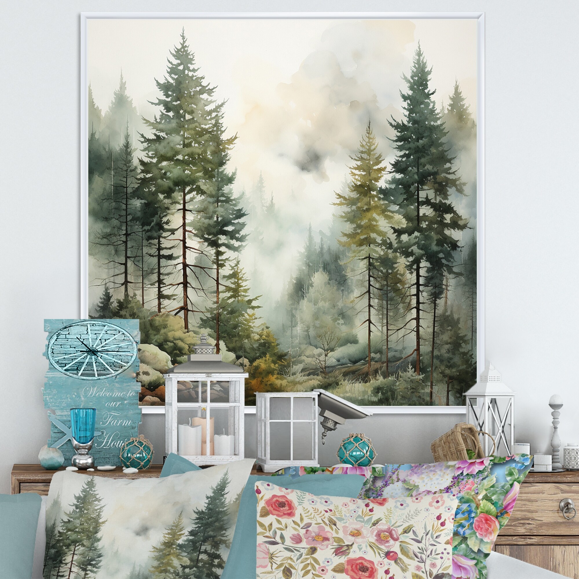 Designart "Pine Tree Misty Morning II" Landscapes Framed Wall Decor