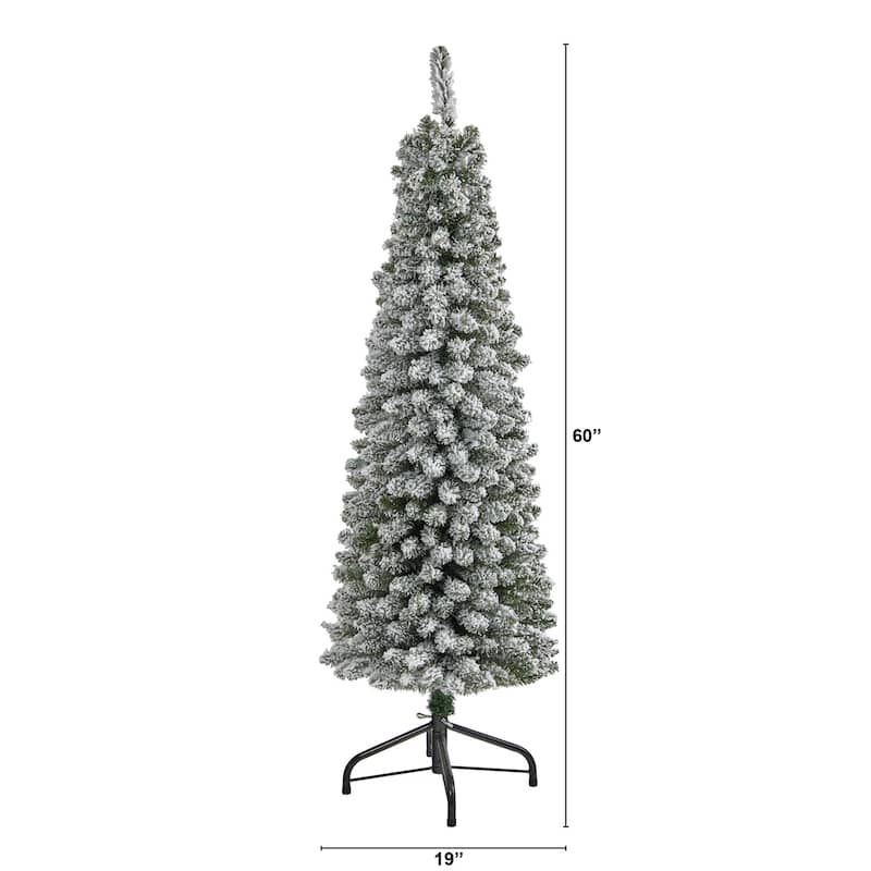 5ft. Flocked Pencil Artificial Christmas Tree with 318 Branches - Sleek Snowy Seasonal Holiday X-Mas Tree