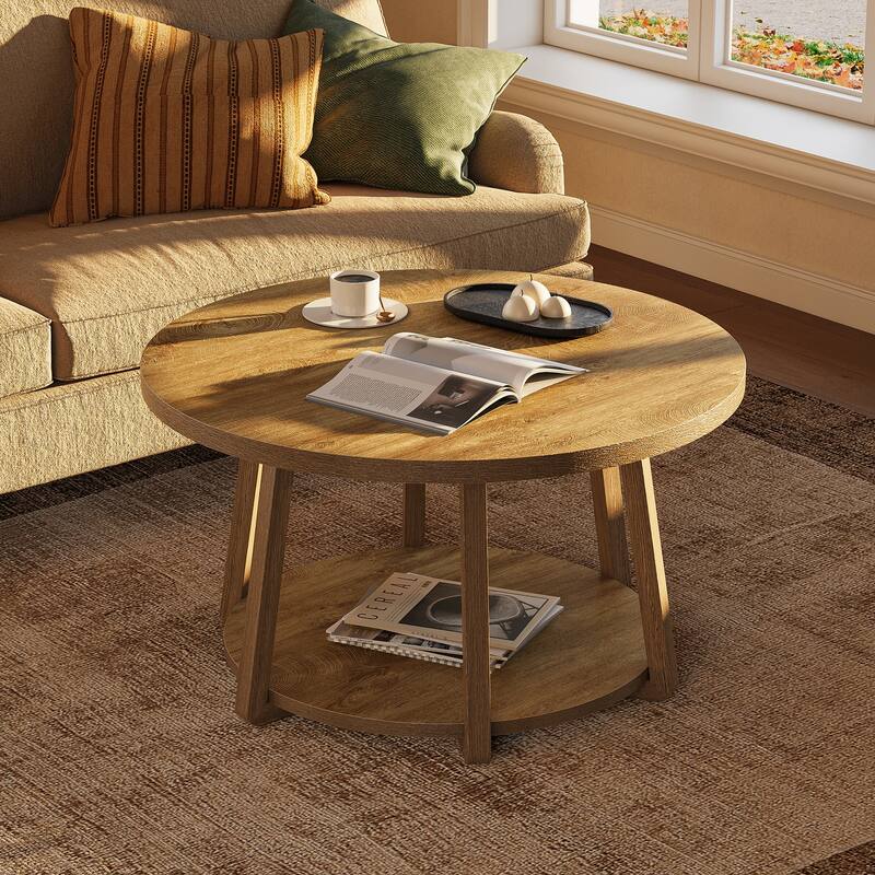 Round Coffee Table, 2-Tier Center Table with Storage, Wooden Legs