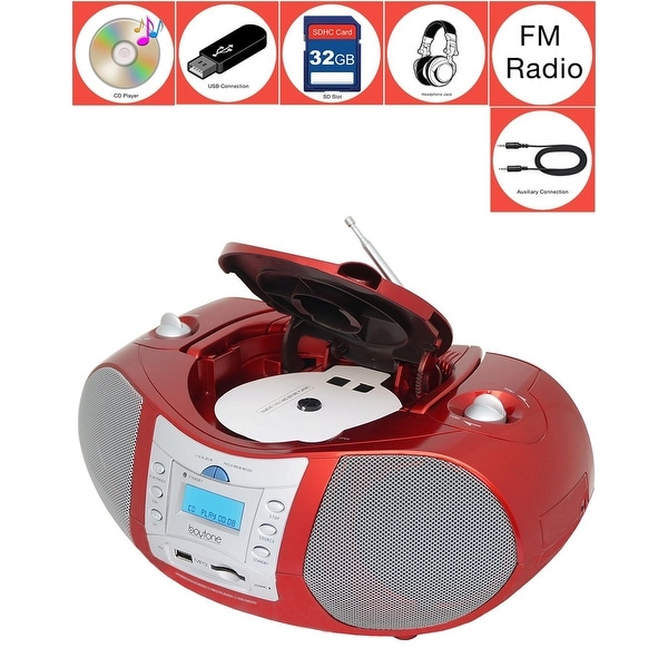 Boytone BT-6R CD Boombox Red Metallic color Edition Portable Music System with CD Player & USB/SD/MMC Slot, Digital FM Radio wit