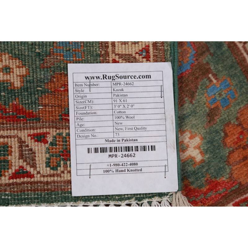 Green Floral Kazak Oriental Accent Foyer Rug Hand-Knotted Wool Carpet - 2'0"x 3'0"