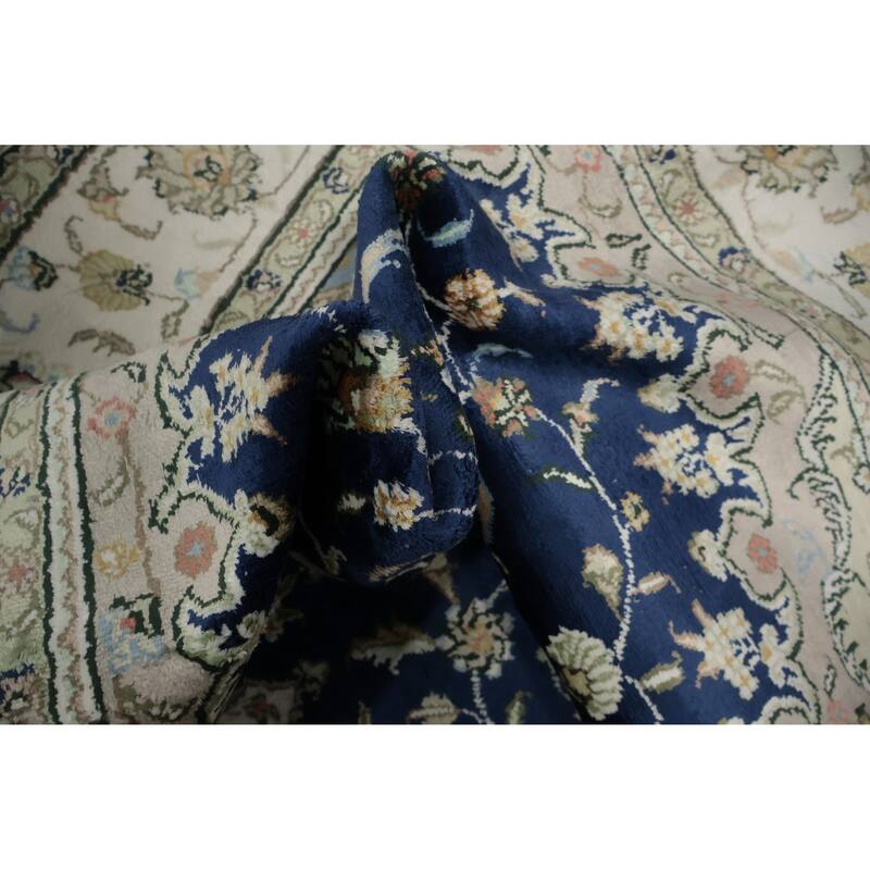 Hand Knotted Oriental Silk Carpet Traditional Floral Navy Blue & Blues Kashmar Area Rug - 7' 10'' X 5' 0''