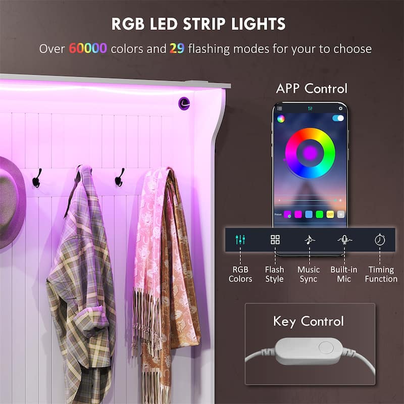 MDF Hall Tree Storage Bench with LED Light and Hooks - 37.75" W x 13.5" D x 70.75" H
