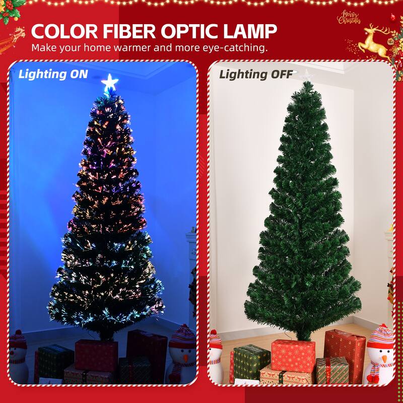 6 ft Fiber Optic Christmas Tree Pre-Lit Multi-Color Auto-Changing Lights with Star Topper and Sturdy Iron Base - 6 Ft