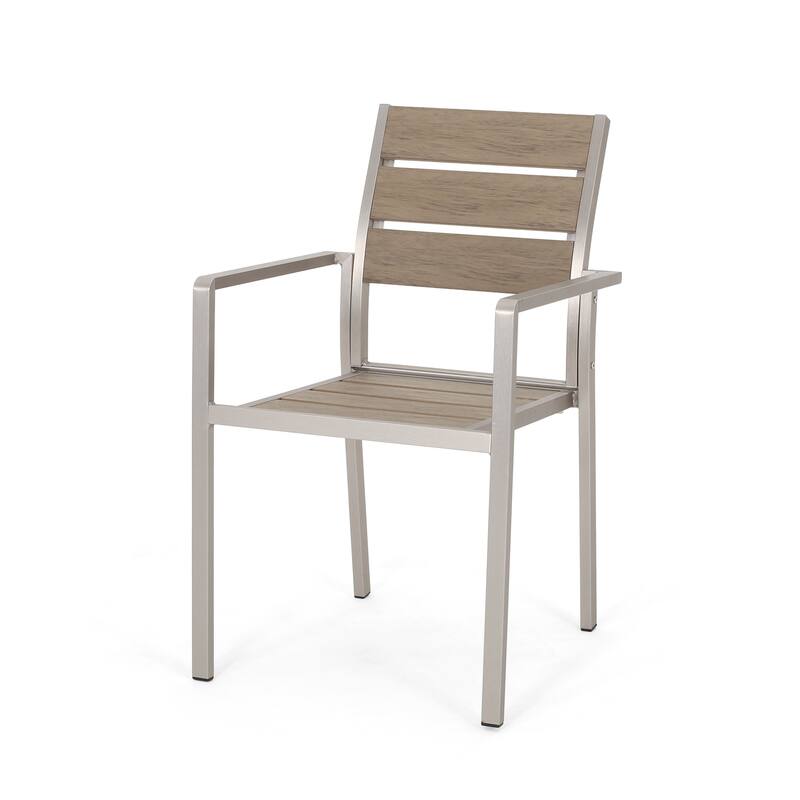 Roomfitters Outdoor Modern Aluminum Dining Chairs with Faux Wood Seat, Set of 2 in Natural and Silver