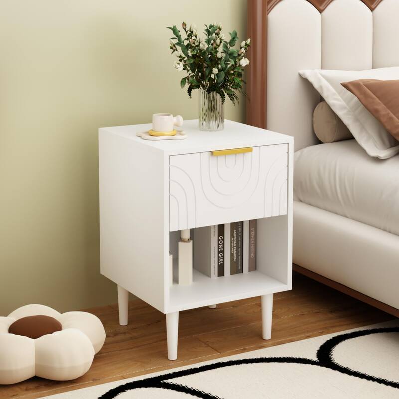22.83''H Modern White Nightstand With One Drawer And Open Shelf, Gold - Accented Handle, Ideal For Bedroom Decor