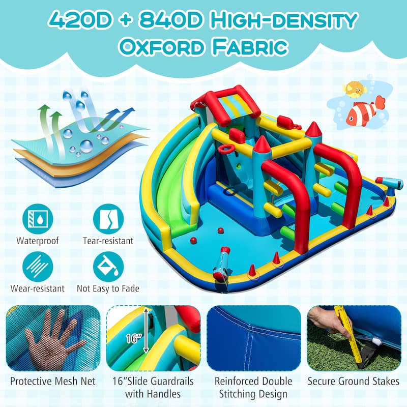 Large Inflatable Water Slide Park for Kids with Double Slides Bounce House Water Cannons 680W Blower
