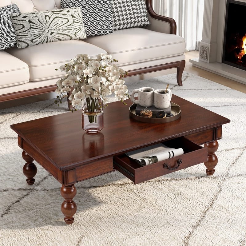 Rectangular 47" Wooden Coffee Table with Storage Drawer, Vintage Cocktail Table with Solid Wood Legs for Living Room Elegance