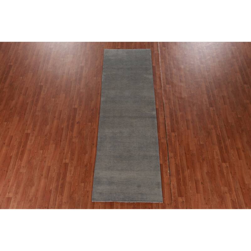 Hand Knotted Oriental 100% Wool Carpet Modern Solid Greys & Charcoal Gabbeh Runner Rug - 9' 10'' X 3' 0''