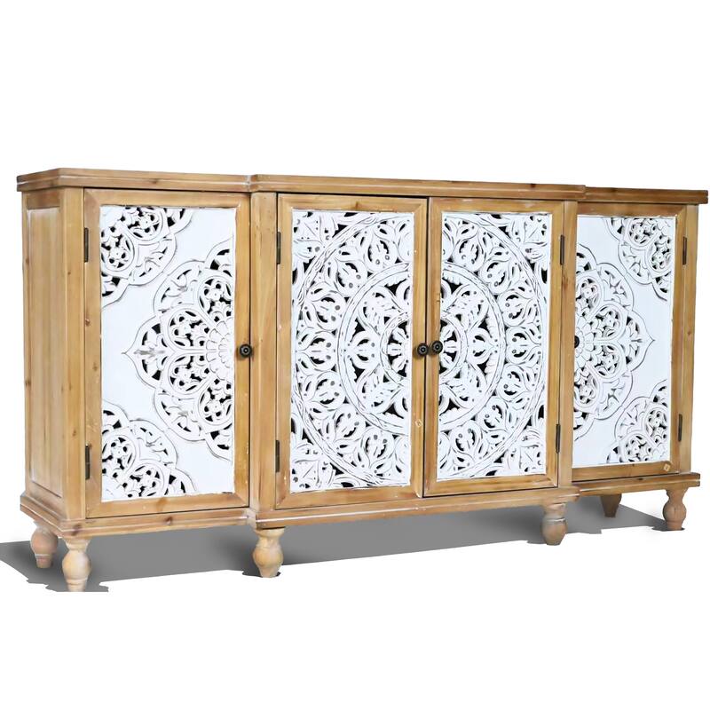 4-Door Hollow-Carved Accent Cabinet, Distressed Wood Storage Cabinet Cupboard with adjustable shelves,unique design
