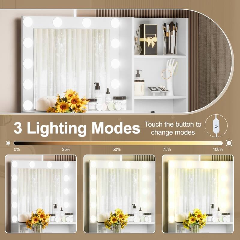 35.40" Dressing Vanity Table with Mirror and 3 Lighting Modes, Storage Shelves