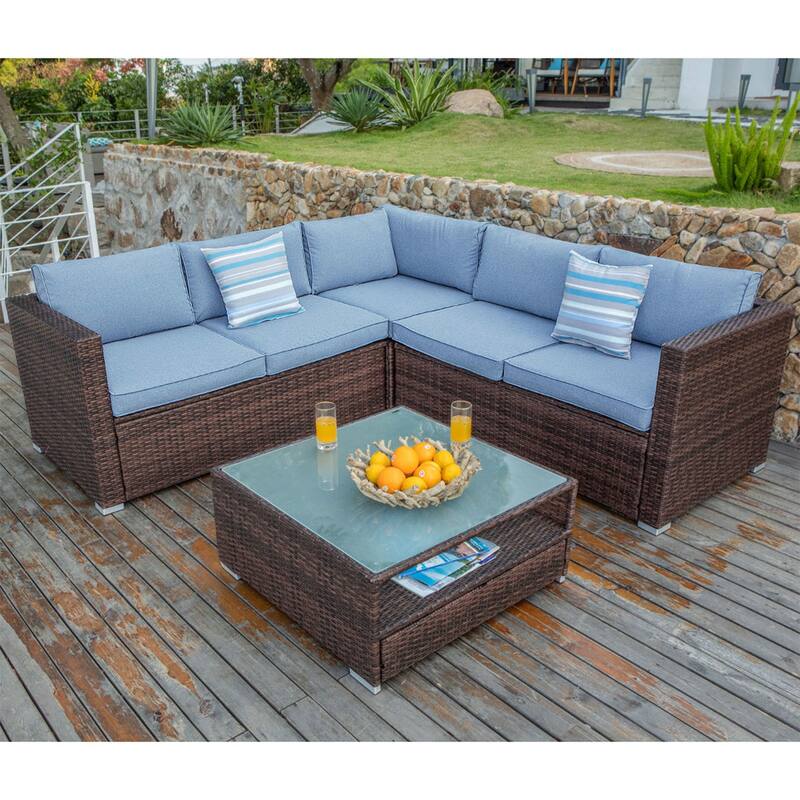 COSIEST Wicker Outdoor Sectional Set with Coffee Table & Cover - Blue