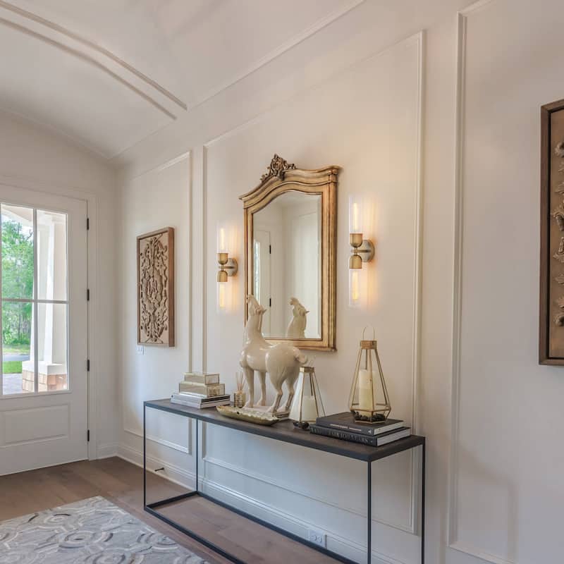 Modern 2-Light Wall Sconce with Ribbed Glass Tube Shades - Brass - 5" W x 4.6" D x 23.4" H