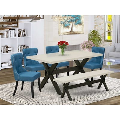 HomeStock 6-Piece Rectangle Natural Oak Finish Solid Wood Top Dining Table with 1-Bench, 4 Upholstered-Chairs