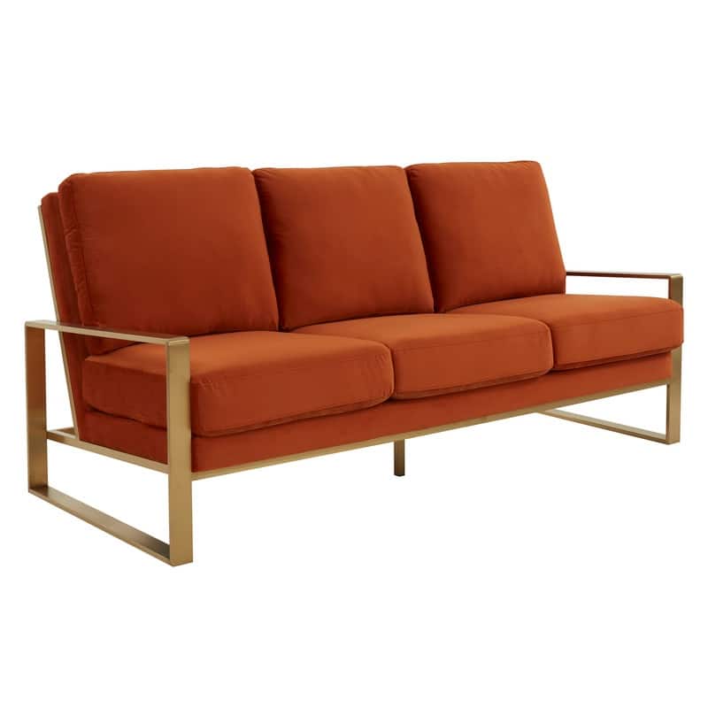 Jefferson Velvet Upholstered 3 Seater Sofa with Brushed Gold Stainless Steel Base and Removable Cushions - 77.1 - Orange