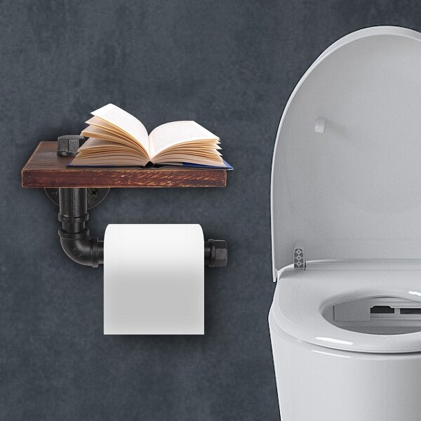 Cast Iron Combined Bathroom Paper Holder Wooden Shelf. Opens flyout.