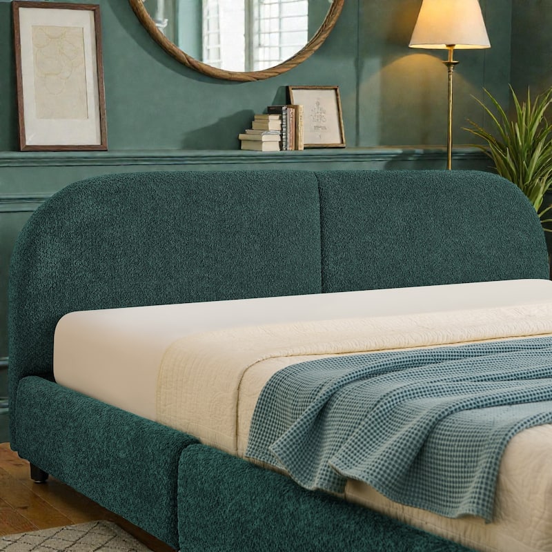 Upholstered Bed Frame with Tall Curved Headboard and Storage Drawers, Modern Minimalist Platform Bed No Box Spring