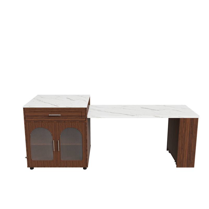 80-Inch Expandable Mobile Kitchen Island with Dining Table, Marble-Grain Top & Power Outlet