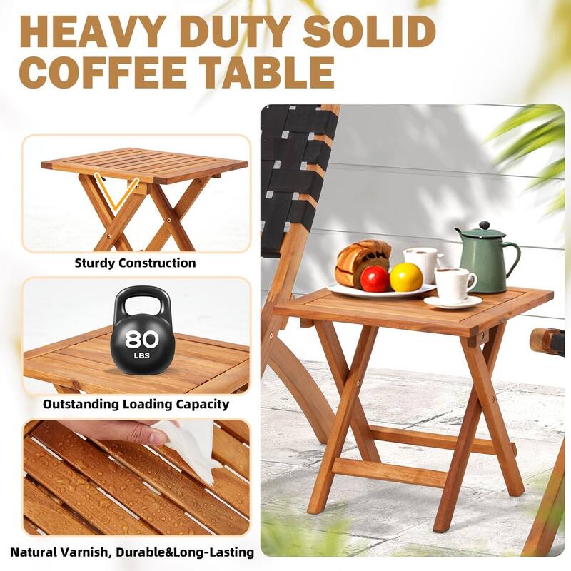 AECOJOY Outdoor Bistro Set for 2, Acacia Wood Patio Furniture Set with Coffee Table & Folding Chairs