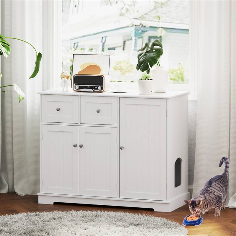 Cat Litter Box Enclosure With 2 Drawers 3 Doors White Wood
