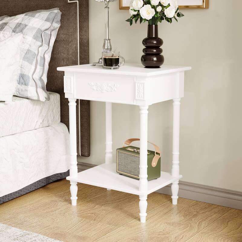 Vintage End Table with Drawer and Shelf, French Style Nightstand with Solid Wood Legs, White Accent Table