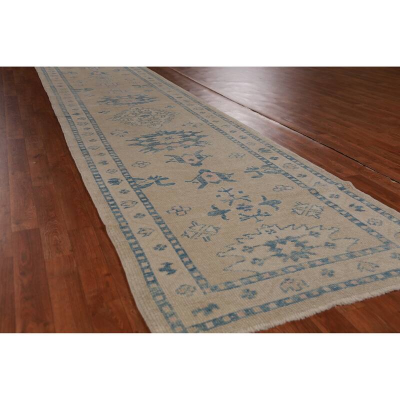 Hand Knotted Oriental 100% Wool Carpet Transitional Geometric Beige & Ivories Oushak Runner Rug - 14' 2'' X 3' 4''