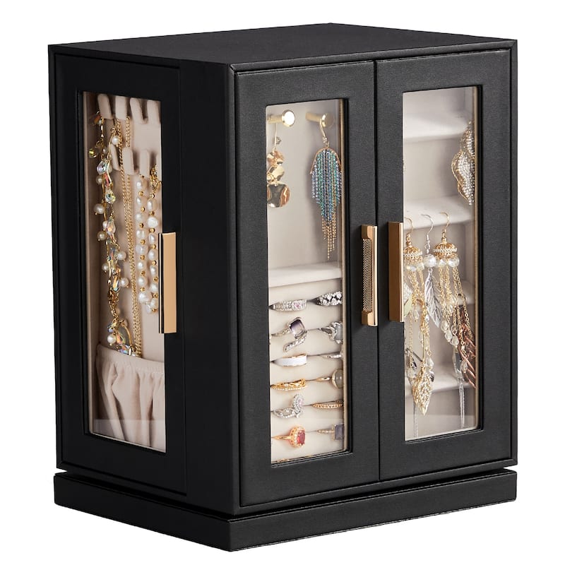 360° Rotating Jewelry Box with 5 Drawers - Black Cabinet & Pink Velvet Interior - Multi